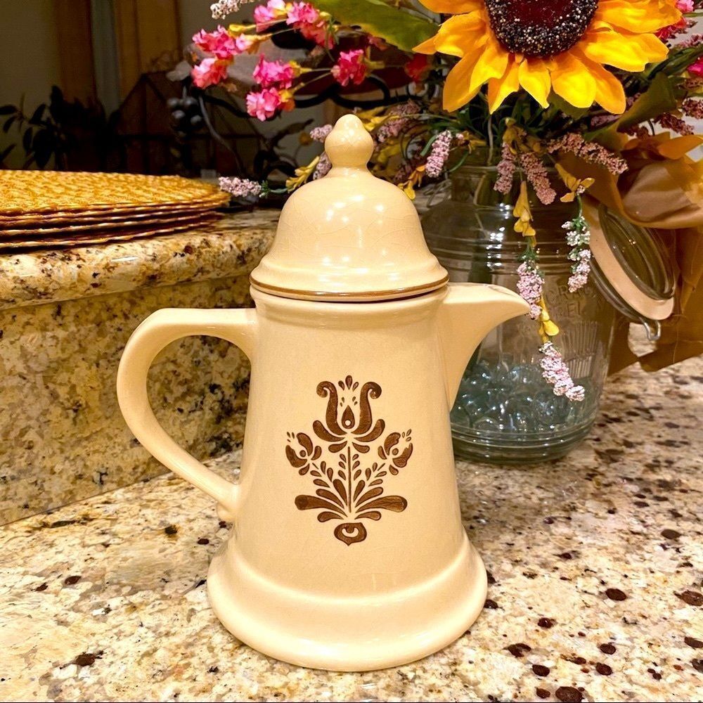 Vintage Pfaltzgraff Coffee Pot Village Pattern USA Made Tan Brown Stoneware 6x9”